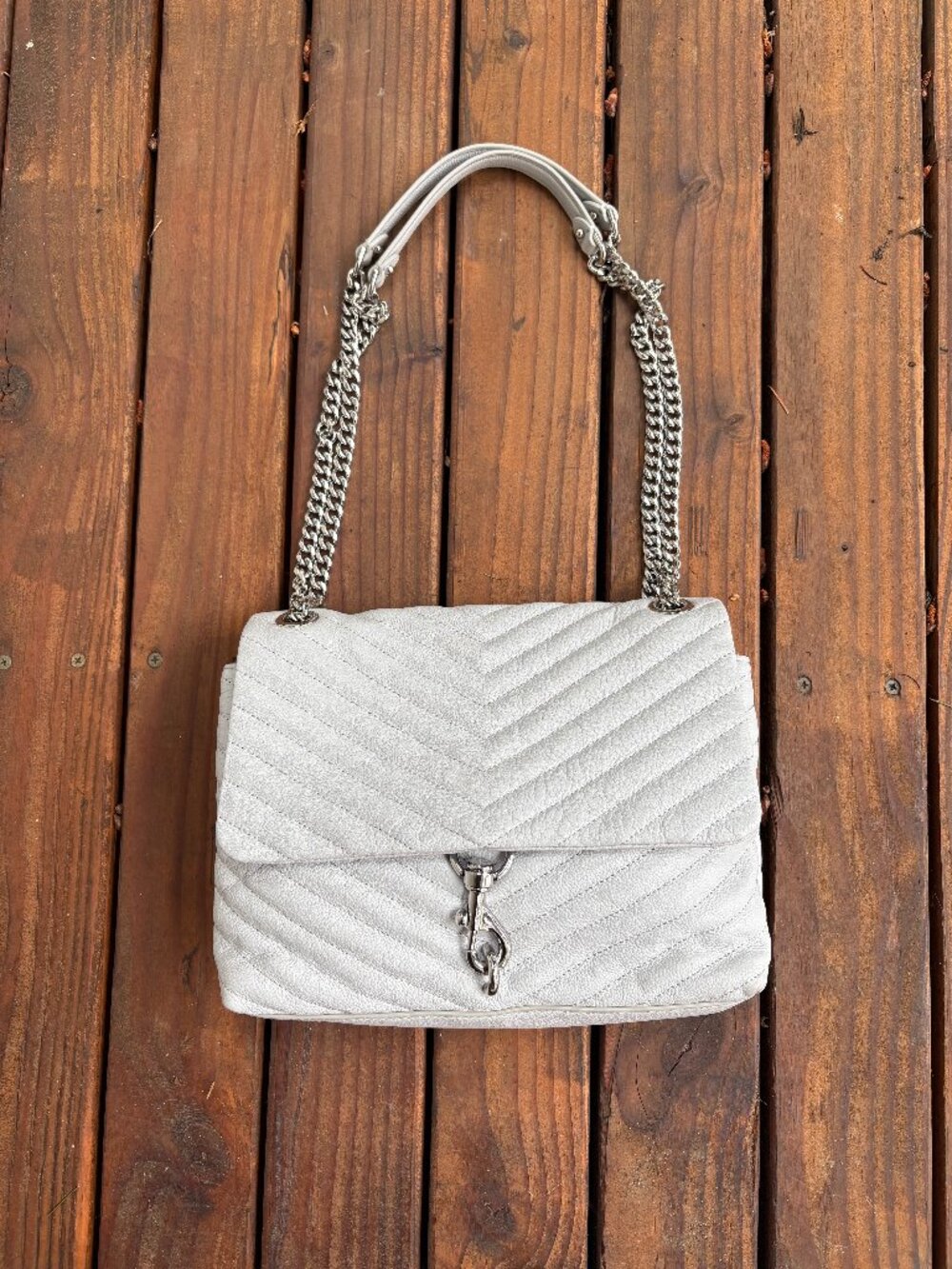 Rebecca Minkoff Edie Medium Quilted Leather Shoulder Bag Gray Silver Chain